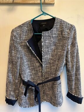 Ann Taylor Navy and White Tweed Belted Blazer